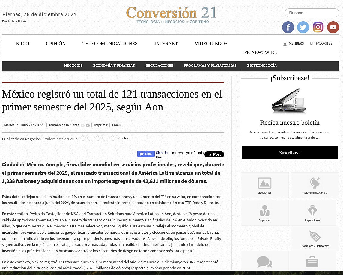 M�xico registr� un total de 121 transacciones en el primer semestre del 2025, seg�n Aon